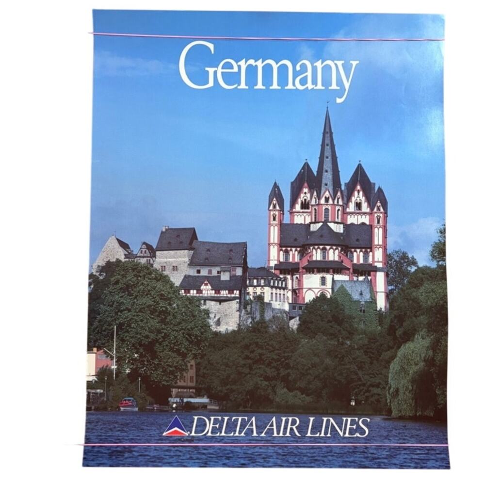 Original 1970's Delta Air Lines Germany Travel Poster Limburg Cathedral 28"x22"